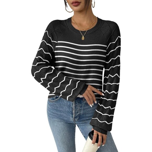 Zeagoo Womens Stripe Black Crew Neck Eyelet Long Sleeves Kint Pullover Sweaters - Picture 1 of 5